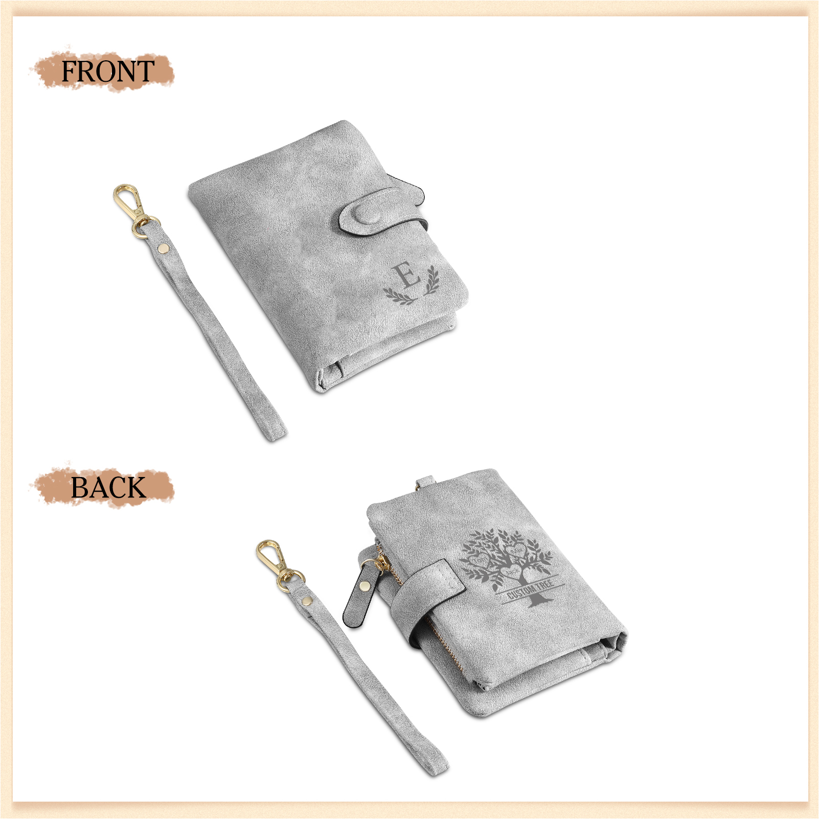Portafoglio Albero della vita in PU pelle con 3 nomi & 1 testo & 1 lettera personalizzati per donna