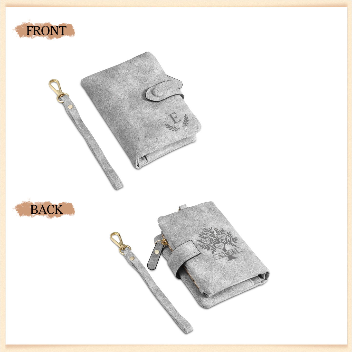 Portafoglio Albero della vita in PU pelle con 3 nomi & 1 testo & 1 lettera personalizzati per donna