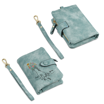 Portafoglio in PU pelle fiore mano con 4 nomi personalizzati per mamma/nonna