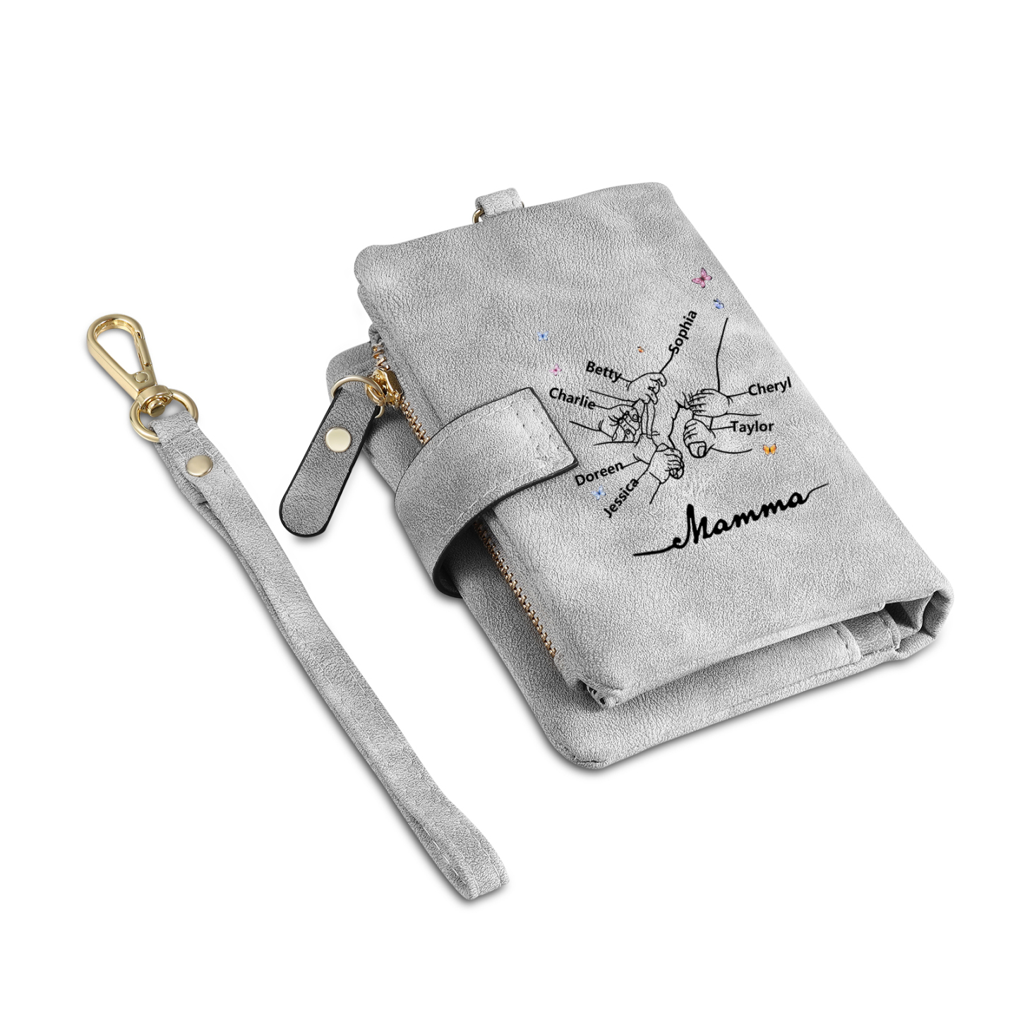 Portafoglio mano nella mano in PU pelle con 6 nomi & 1 testo & 1 lettera personalizzati per mamma