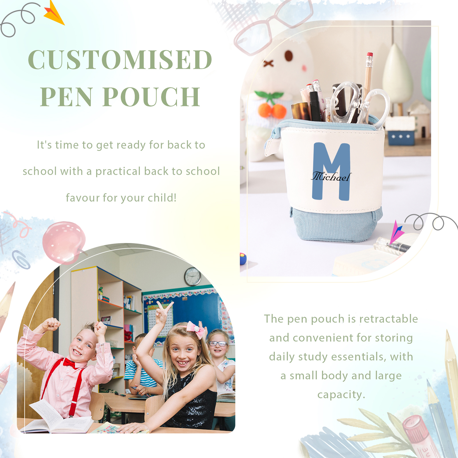 Astuccio per matite personalizzato con 1 nome e 1 lettera regalo per scuola elementare bambini