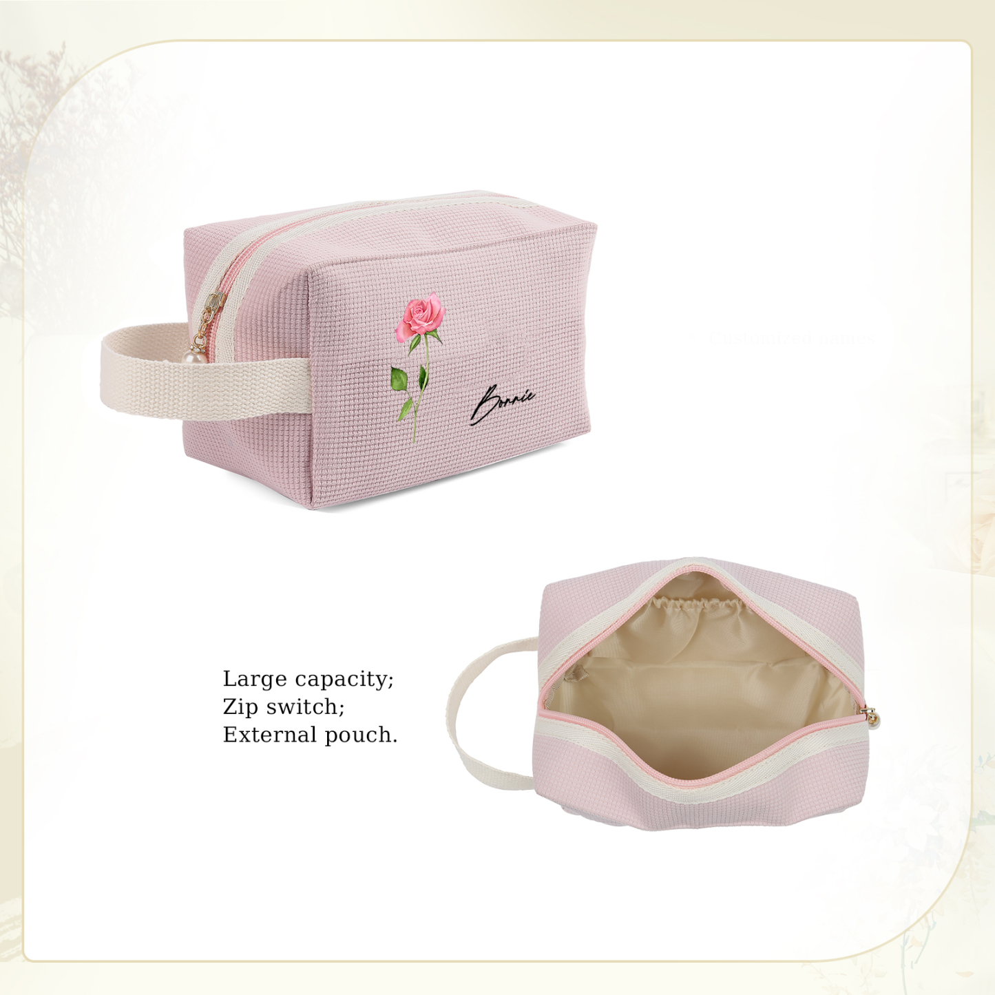 Borsa portabile per cosmetici in velluto a coste 1 nome e 1 fiore di nascita personalizzato multicolori da scegliere