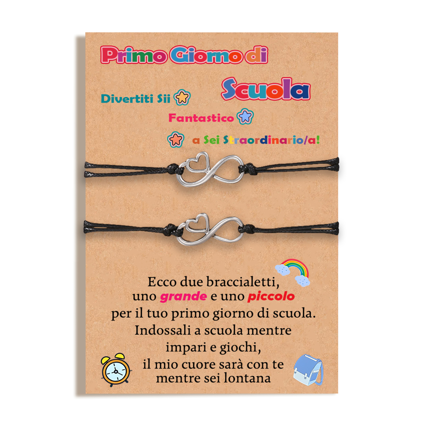 2PCS Braccialetto cuore e infinito regorabile regalo per bambina a scuola con carta