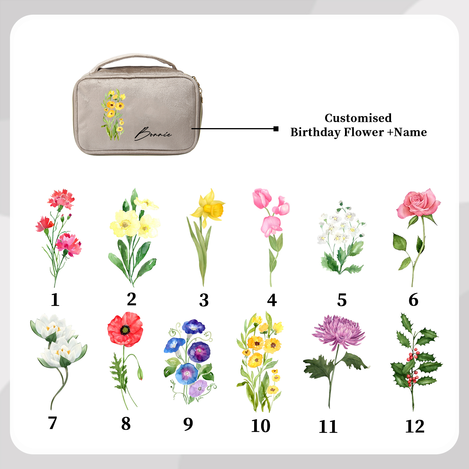 Borsa portabile per cosmetici in flanella per donna 1 nome e 1 fiore di nascita personalizzato multicolori da scegliere