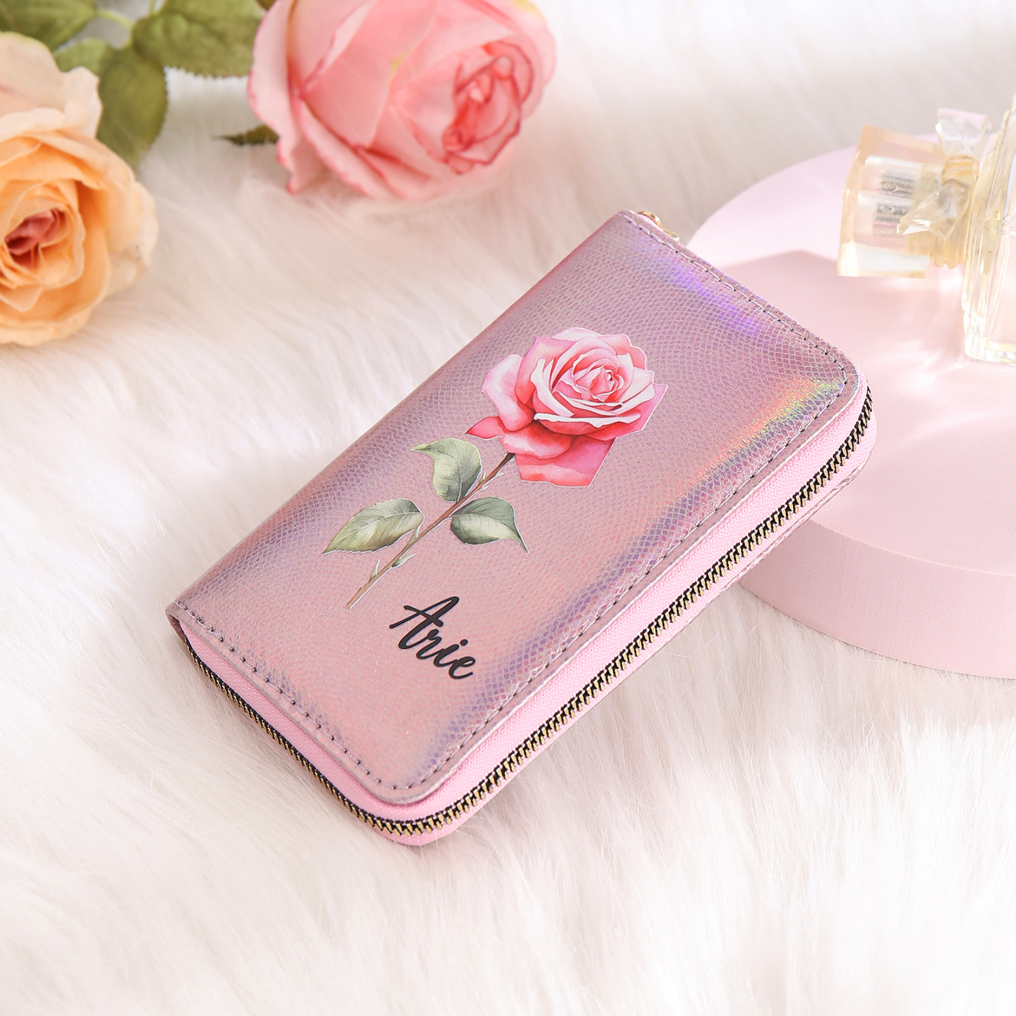 Portafoglio in PU pelle con 1 fiore di nascita & 1 nome personalizzati per mamma/nonna