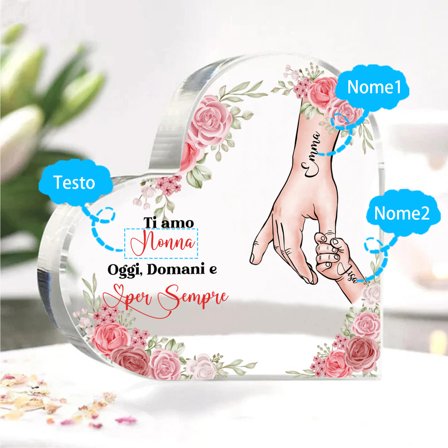 Decorazione Acrilica a Forma di Cuore Mano nella Mano Personalizzata – 2 Nomi e Testo per Nonna o Mamma | Jessemade