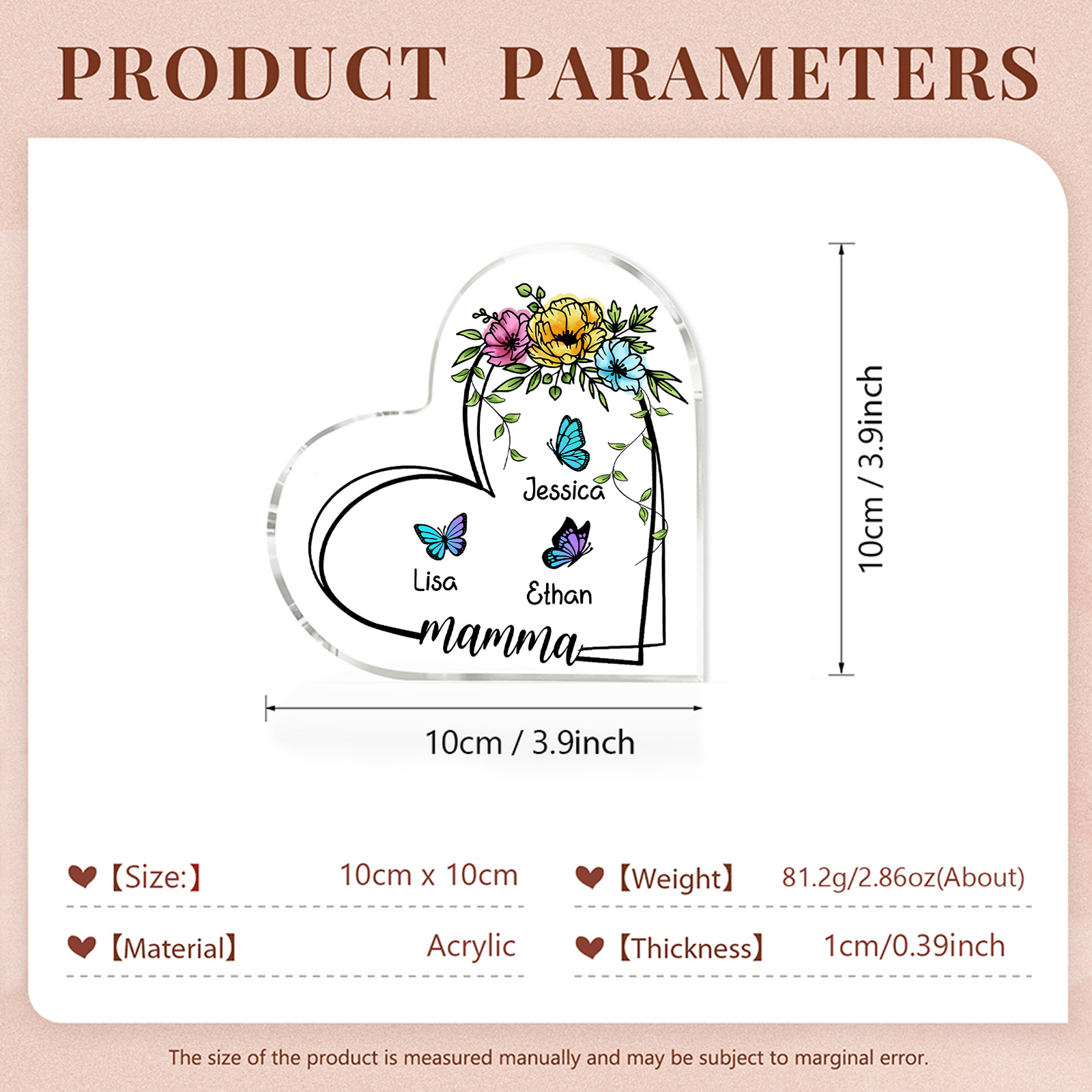 Decorazione Acrilica a Forma di Cuore Personalizzata con Farfalla – 3 Nomi e Testo per Nonna o Mamma | Jessemade