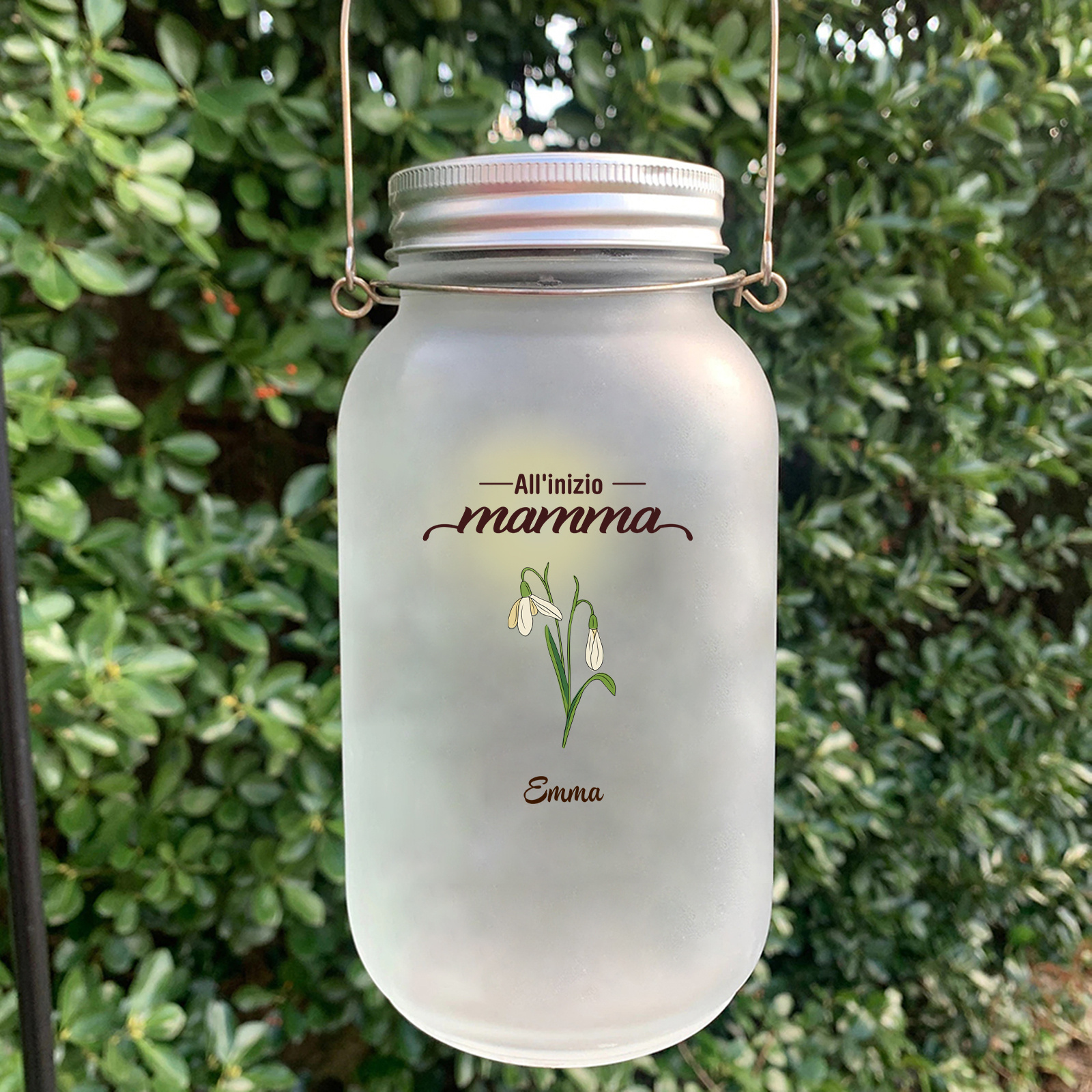 Barattolo solare in vetro personalizzato in stile Mason jar con motivo floreale – regalo “Prima mamma, ora nonna”