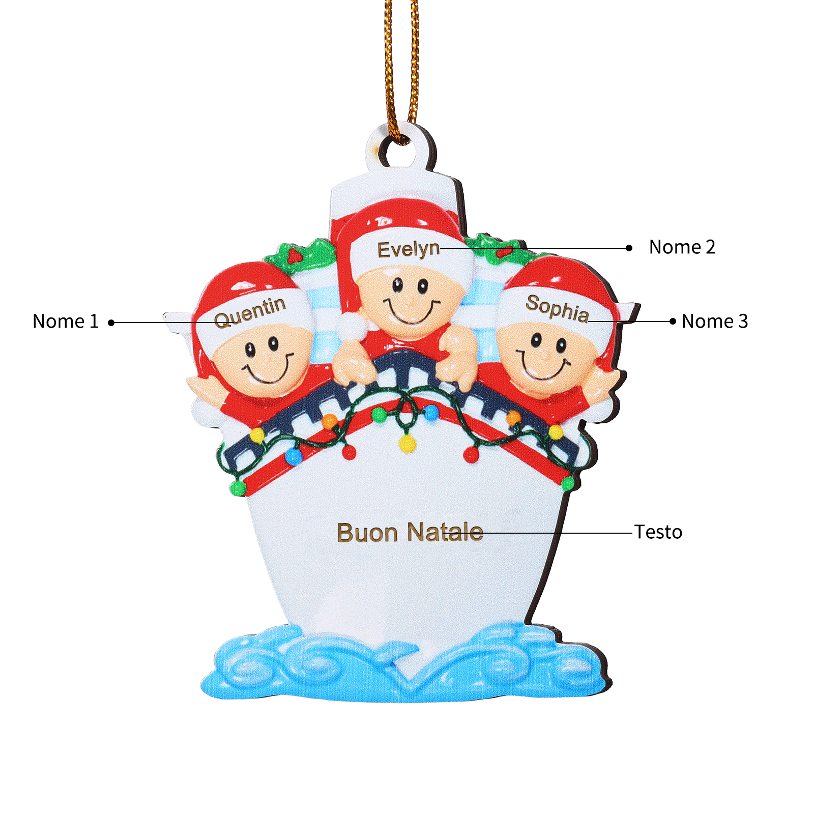 "Sulla nave"Ornamento natalizio in legno con 3-5 nomi personalizzati e 1 testo Regalo di Natale per la famiglia | Jessemade