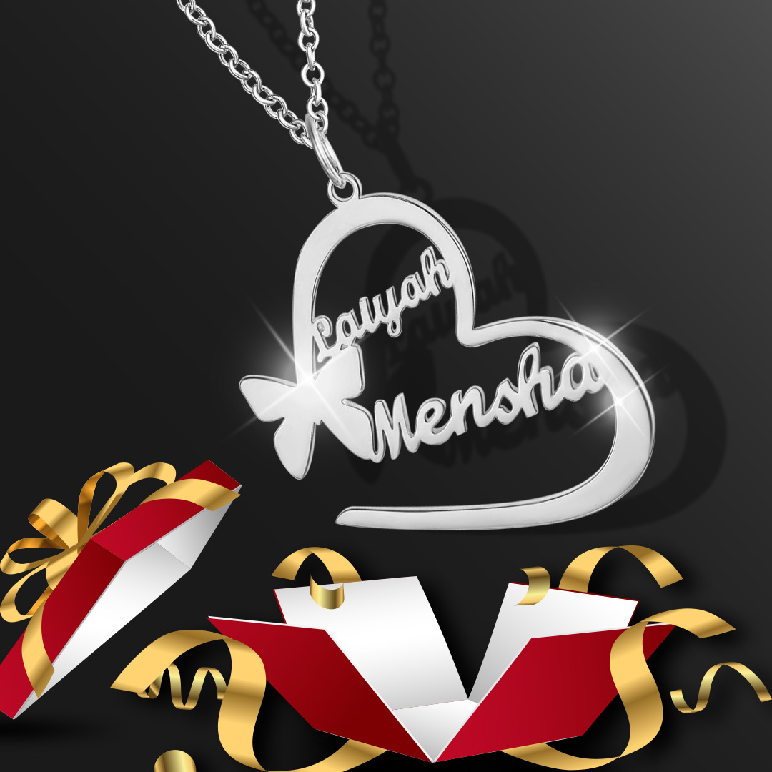 Argento s925 Collana con 2  nomi personalizzatIi e 2 nomi Farfalla