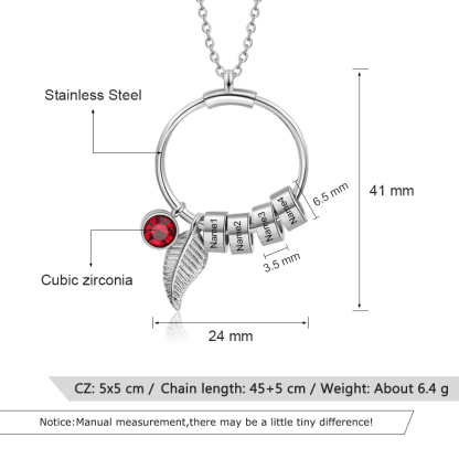 Collana con ciondolo foglia e cerchio 4 nomi e 4 pietre di nascita personalizzati regalo per donna
