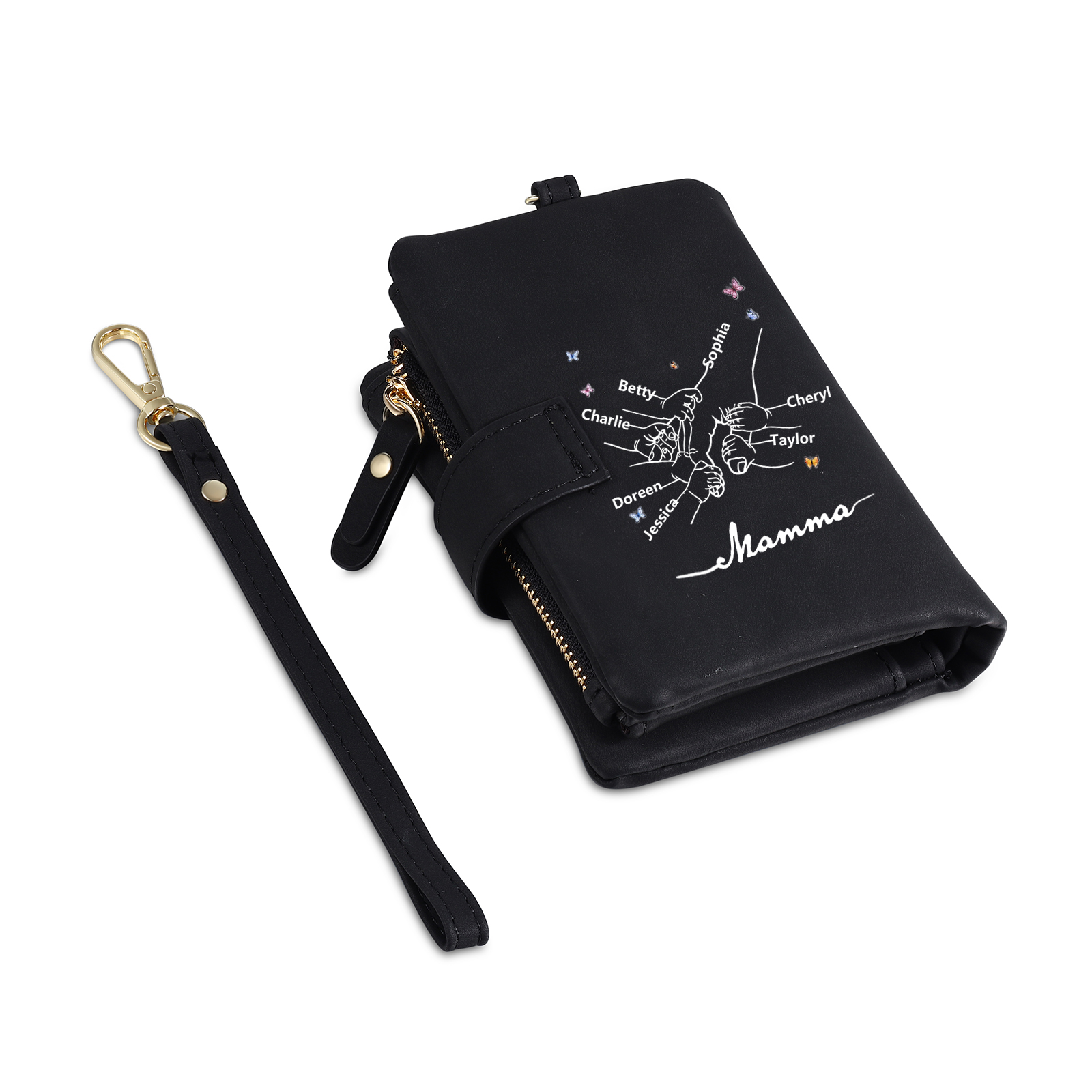 Portafoglio mano nella mano in PU pelle con 5 nomi & 1 testo & 1 lettera personalizzati per mamma