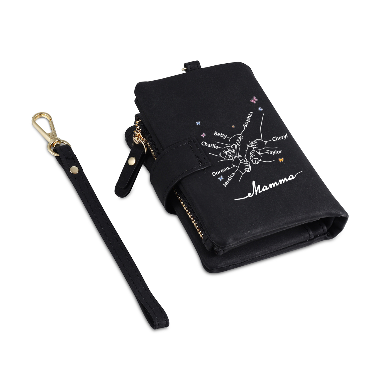 Portafoglio mano nella mano in PU pelle con 5 nomi & 1 testo & 1 lettera personalizzati per mamma