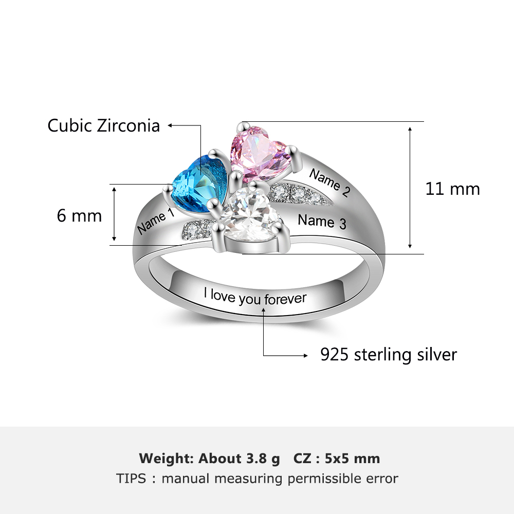 Anello 3 nomi con 3 pietre di nascita in argento 925
