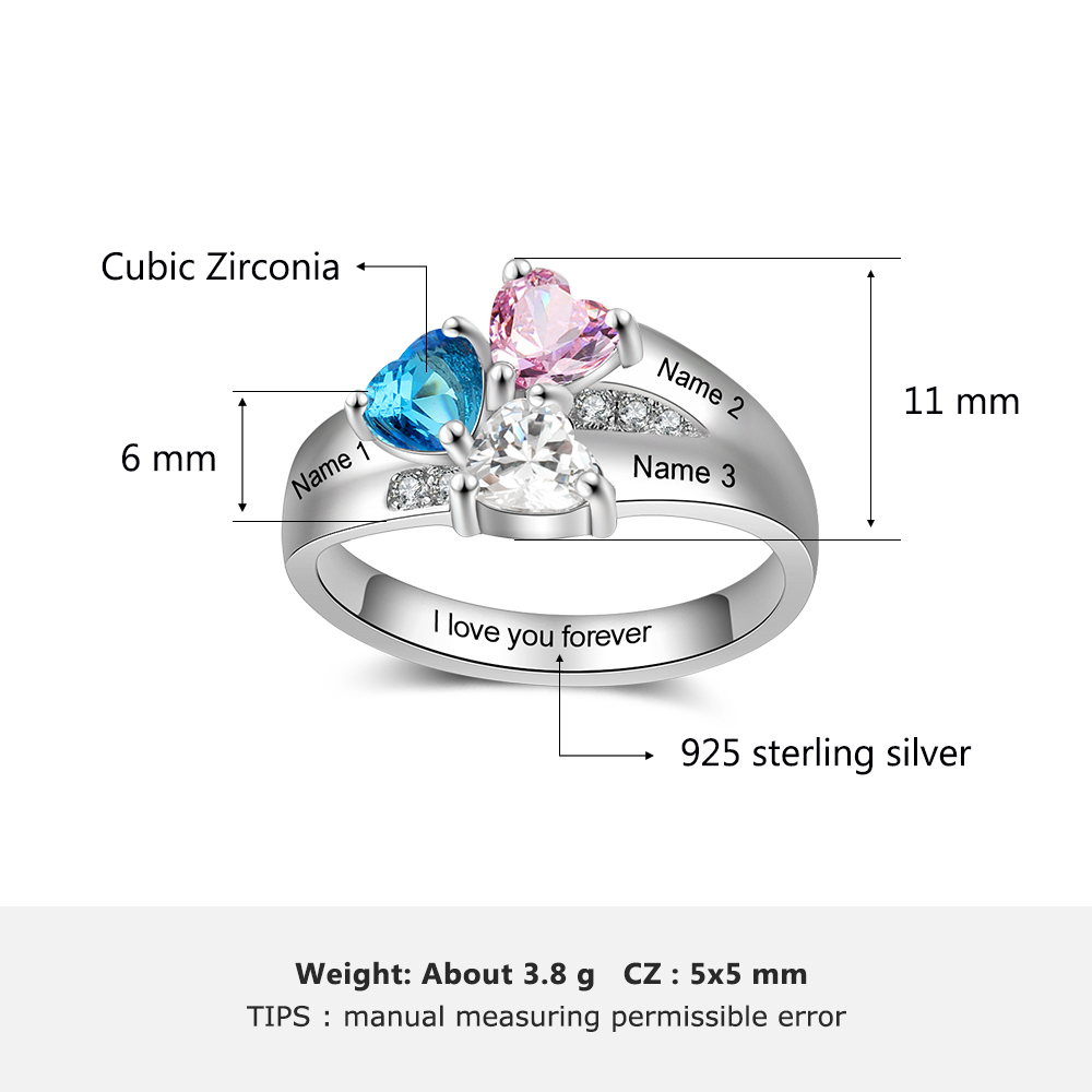 Anello 3 nomi con 3 pietre di nascita in argento 925