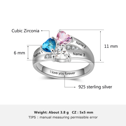 Anello 3 nomi con 3 pietre di nascita in argento 925