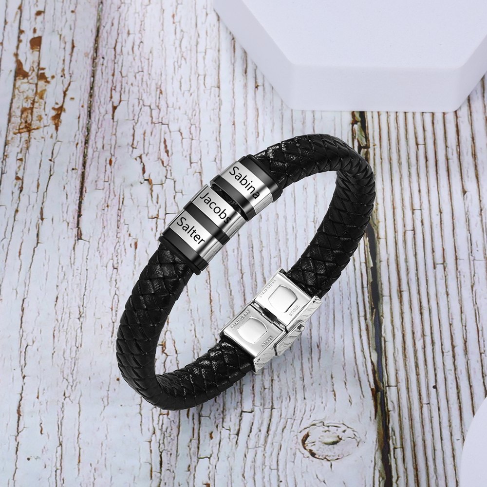 Braccialetto in pelle intrecciata Bracciale maschile con 3 perline e 3 nomi personalizzati