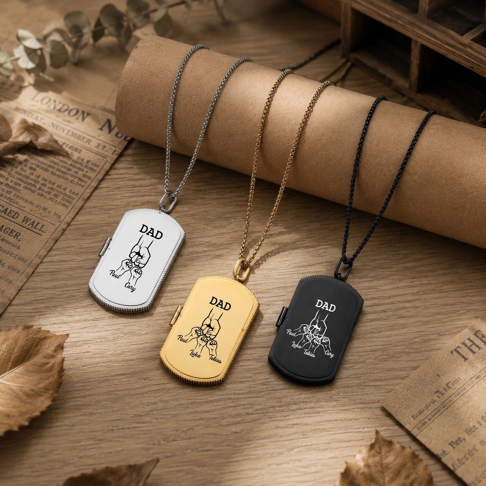 Collana con Medaglione Portafoto Personalizzato per Papà con 2-7 Nomi e Pugni