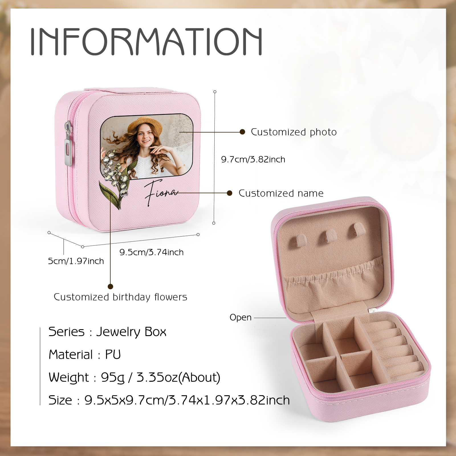 Square Jewelry Storage Photo Box-Personalised 1 Name Customized Birthflower Storage Box In Various Colors