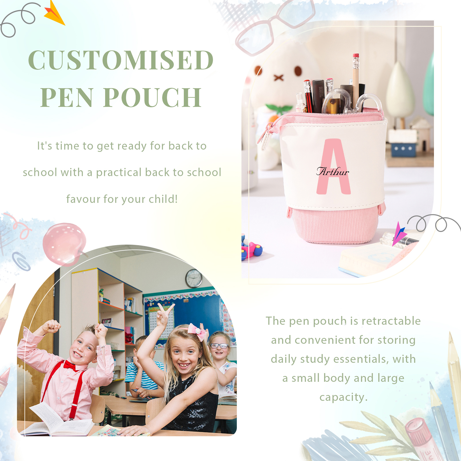 Astuccio per matite personalizzato con 1 nome e 1 lettera regalo per scuola elementare bambini