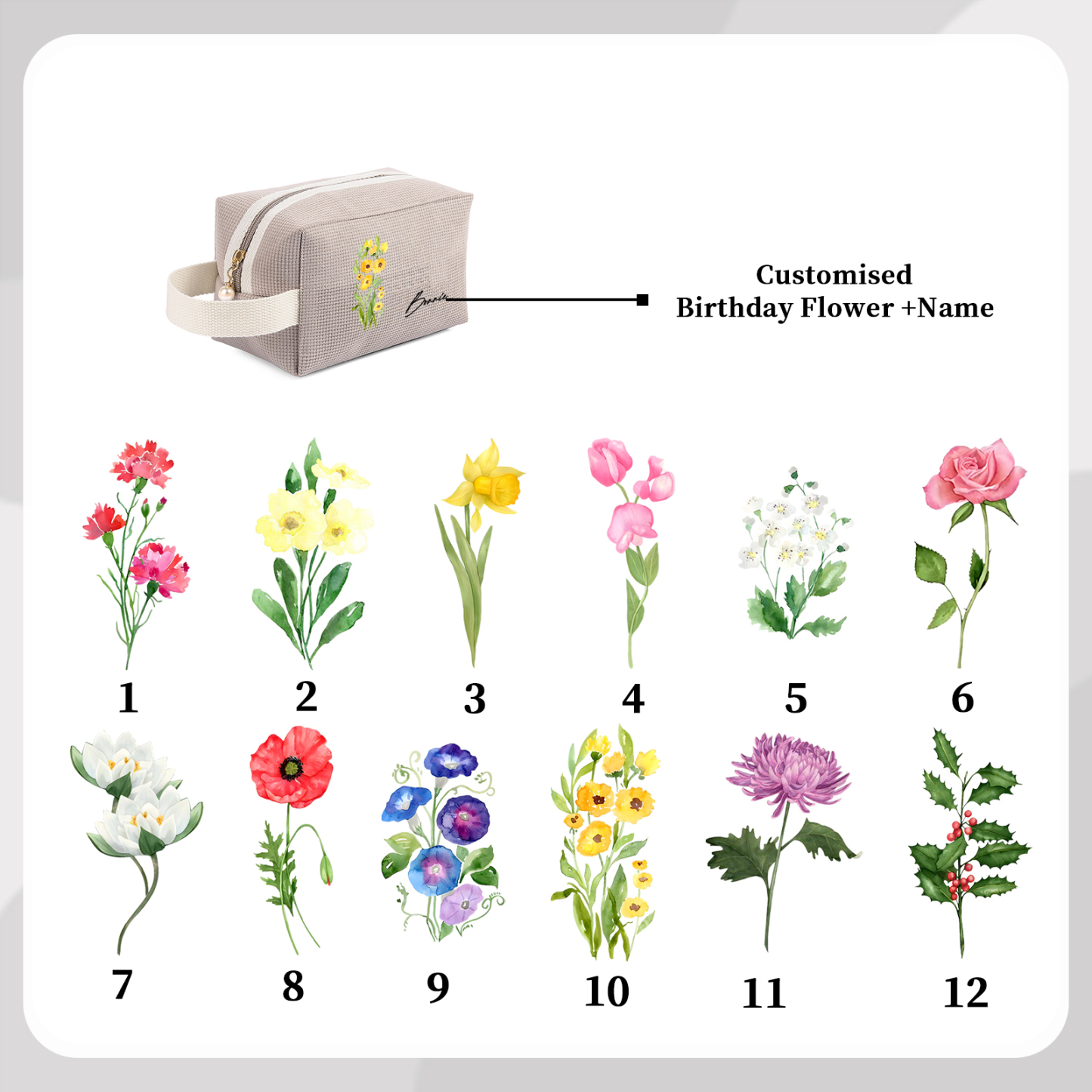 Borsa portabile per cosmetici in velluto a coste 1 nome e 1 fiore di nascita personalizzato multicolori da scegliere