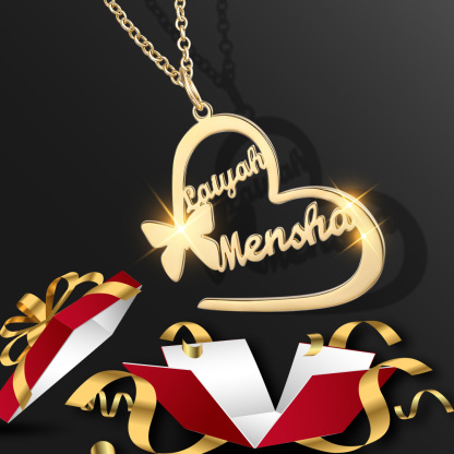 Argento s925 Collana con 2  nomi personalizzatIi e 2 nomi Farfalla