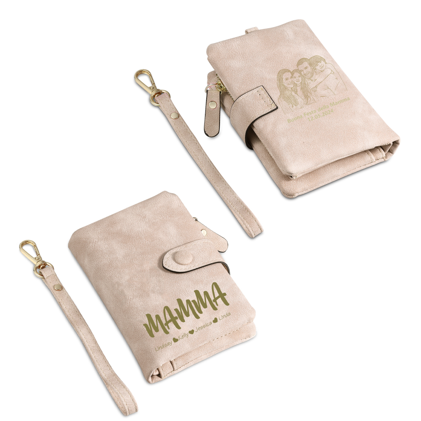 Portafoglio in PU pelle con 5 nomi & 2 testi & 1 foto personalizzati per mamma