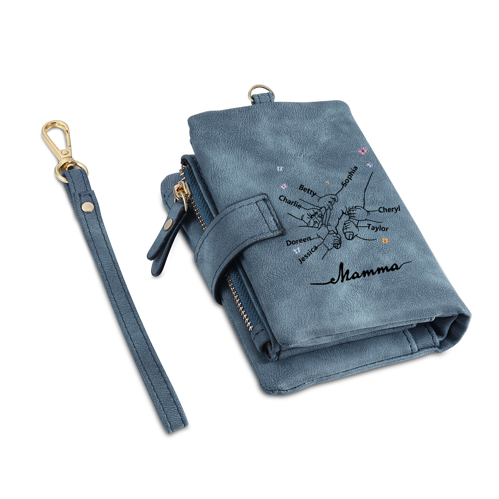 Portafoglio mano nella mano in PU pelle con 5 nomi & 1 testo & 1 lettera personalizzati per mamma