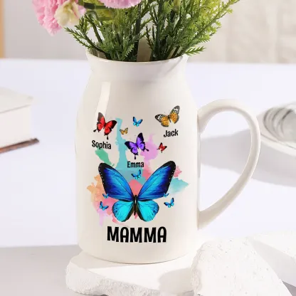 Vaso in Ceramica Personalizzato con Farfalle Regalo per Mamma e Nonna Personalizzabile con 2–8 Nomi dei Figli o dei Nipoti