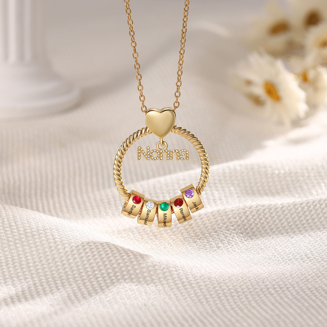 Collana con ciondolo nonna 5 nomi incisioni e pietre di nascita personalizzate