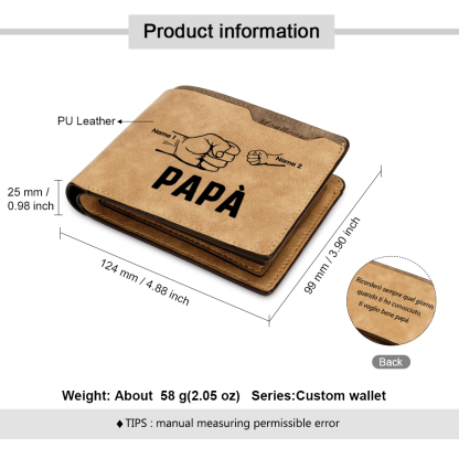 Portafoglio Pelle PU pelle pugno mano regalo per papà personalizzato 2 nomi 1 testo e 1 foto