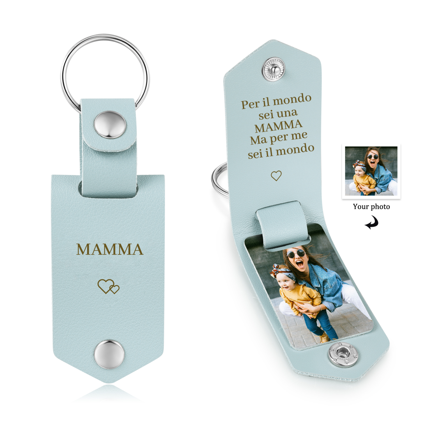 Portachiavi azzurro in Pelle 1 foto e 2 testi personalizzati per mamma