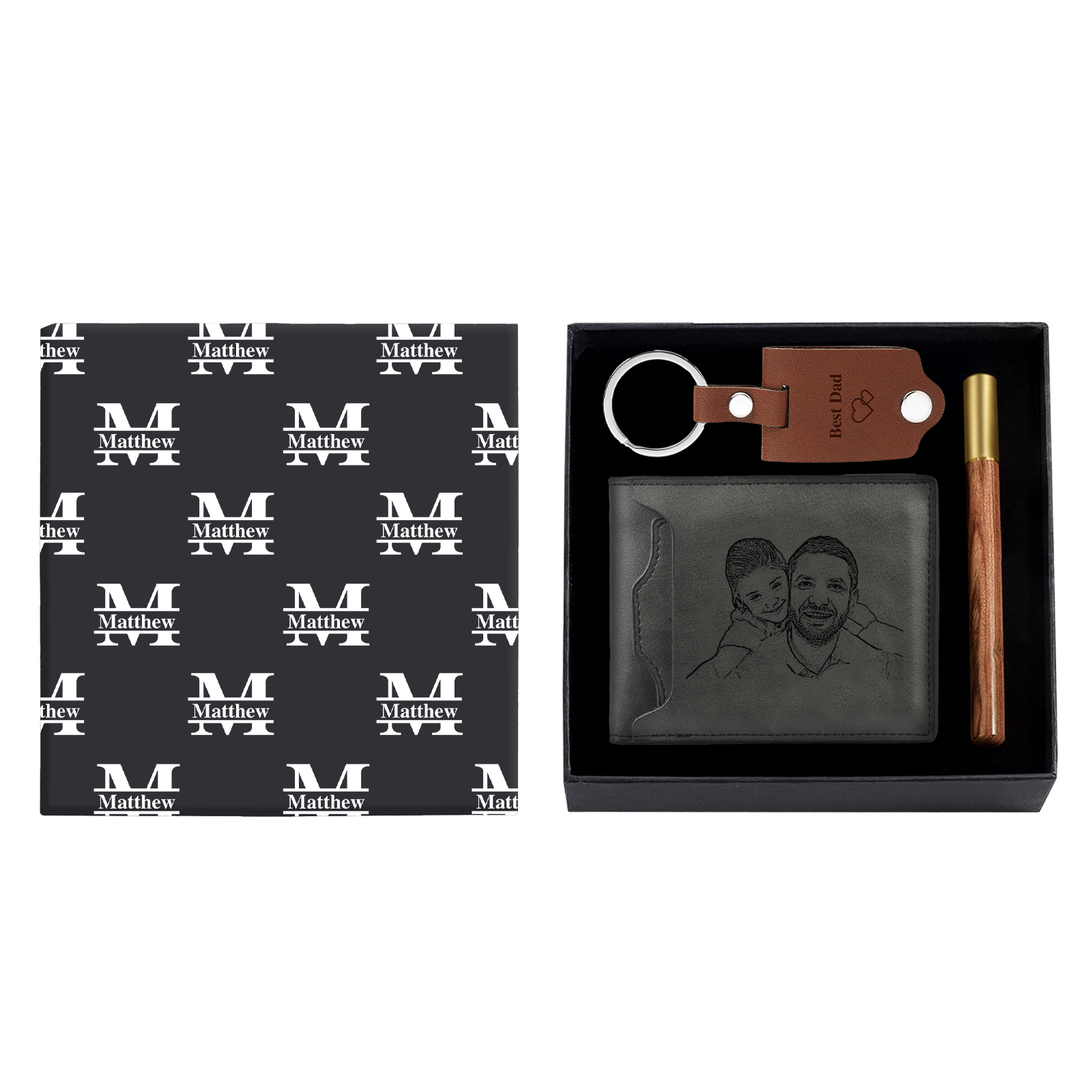 Personalized Leather Wallet Gift Box Set with Keychain Customizable Photo,Text ,Name and Letter Wallet Gift for Him