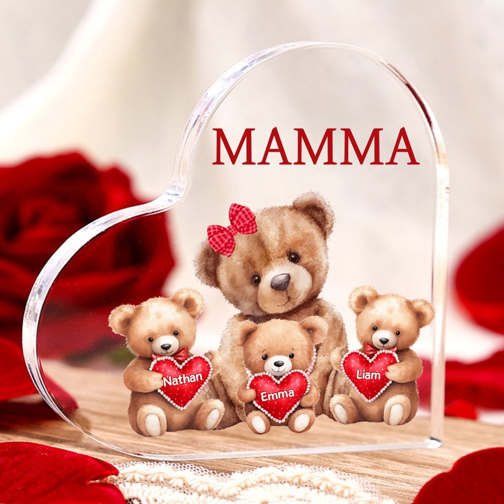 Jessemade IT MAMMA Decorazione acrilica con 3 orsacchiotti a forma di cuore 3 nomi e 1 testo personalizzati per mamma/nonna