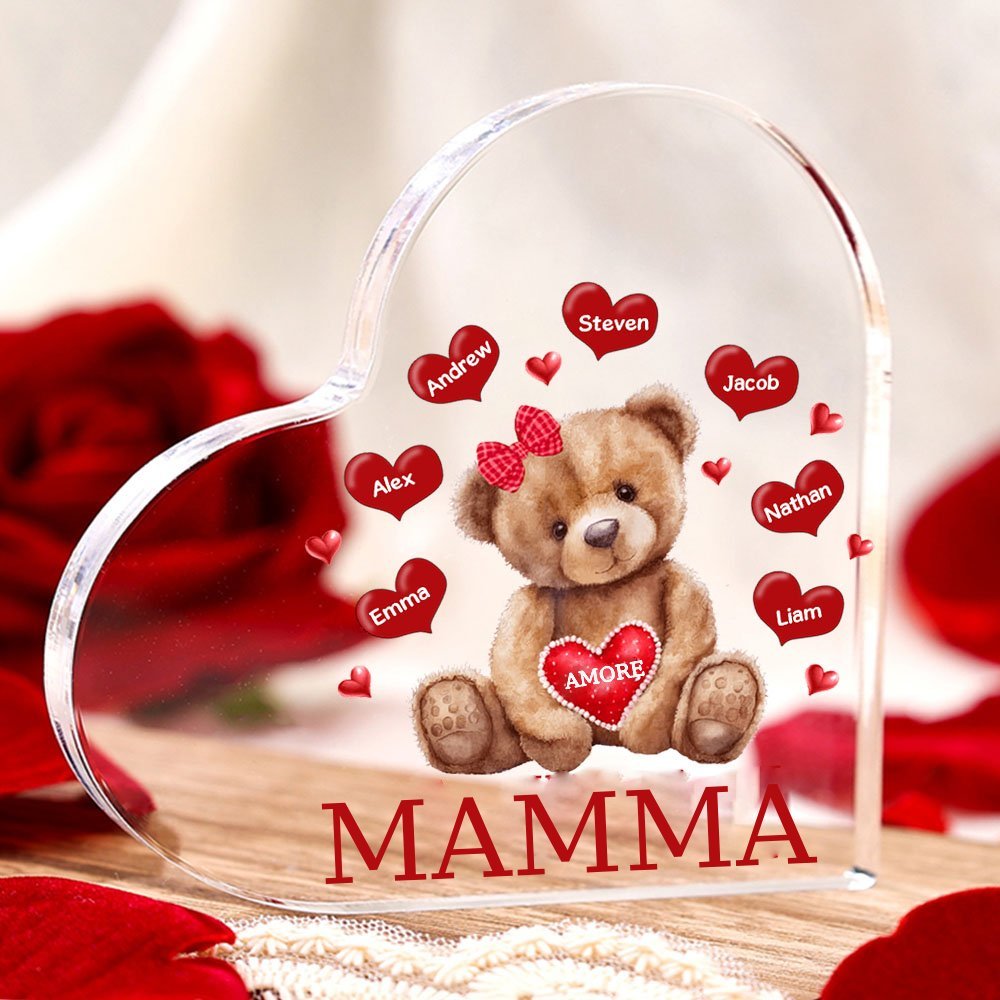 MAMMA Decorazione acrilica con orsacchiotto a forma di cuore 7 nomi e 2 testi personalizzati per mamma/nonna