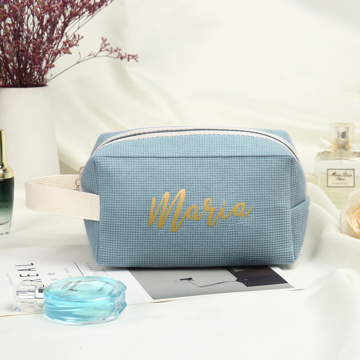 Borsa portabile per cosmetici in velluto a coste per donna 1 nome personalizzato regalo per donna