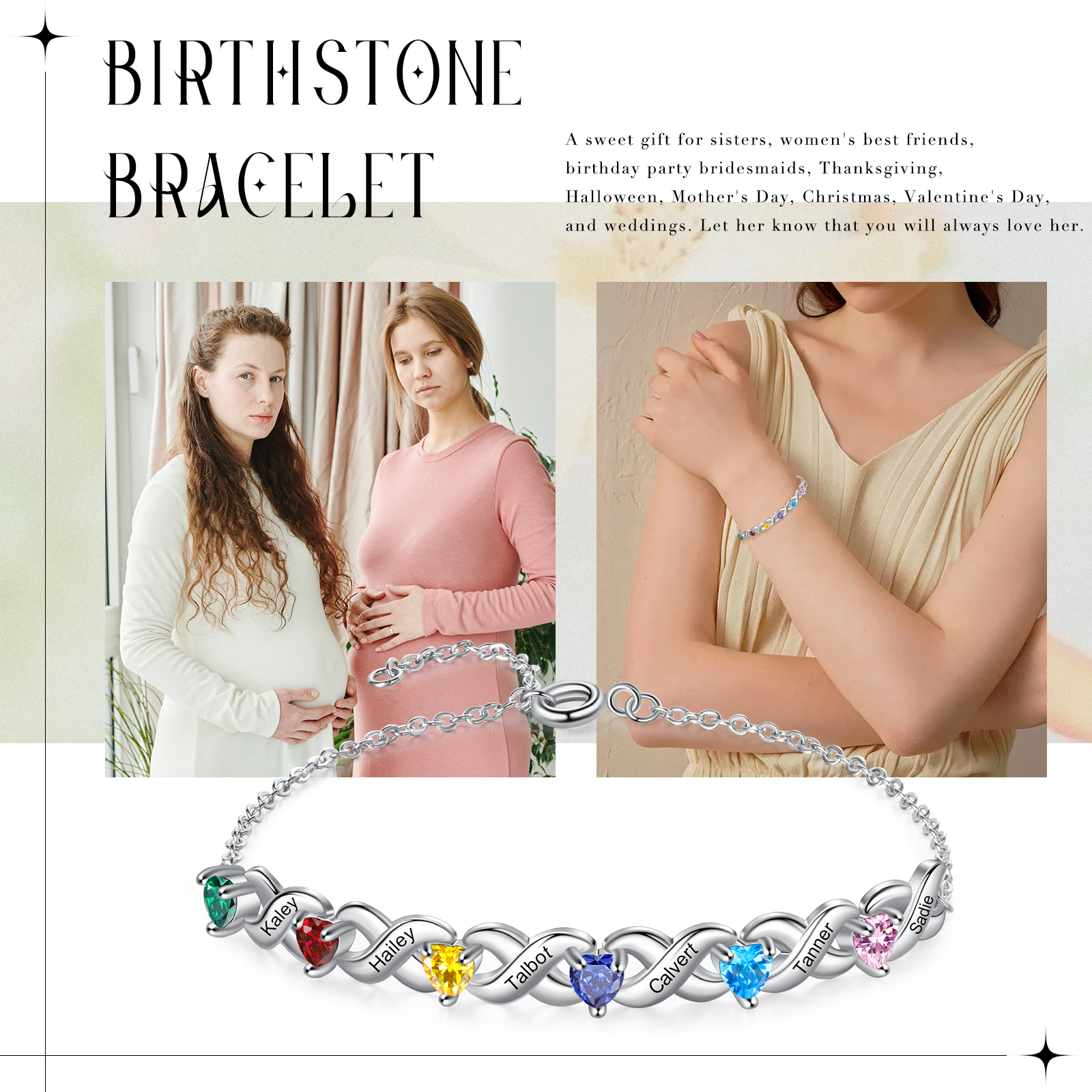 Festa della Mamma Braccialetto personalizzato con 6 nomi e 6 cuore pietre di nascita regalo per donna