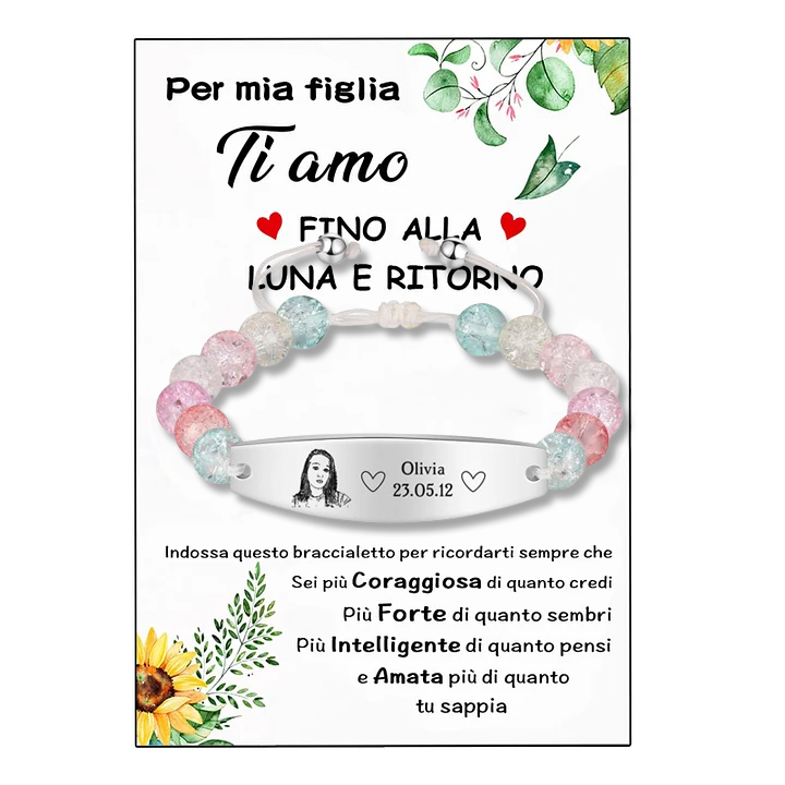 Cuore Braccialetto 1 nome 1 foto e data personalizati per bambina con carta