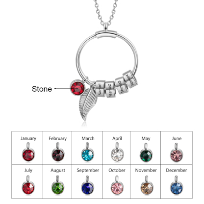 Collana con ciondolo foglia e cerchio 4 nomi e 4 pietre di nascita personalizzati regalo per donna