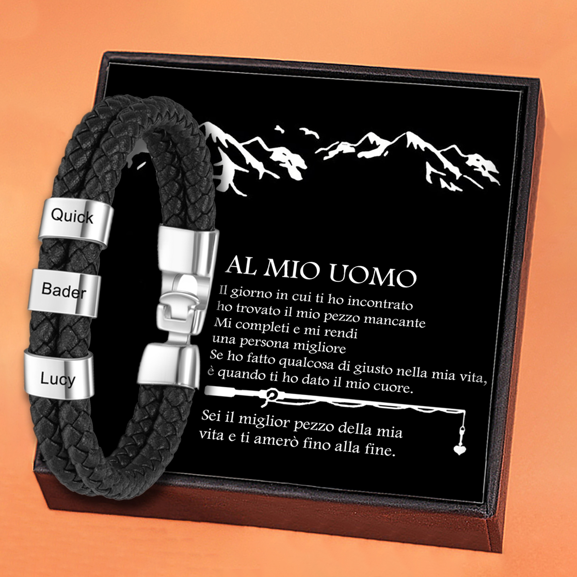 A MIO UOMO-Bracciale in pelle 3 nomi personalizzati regalo coppia