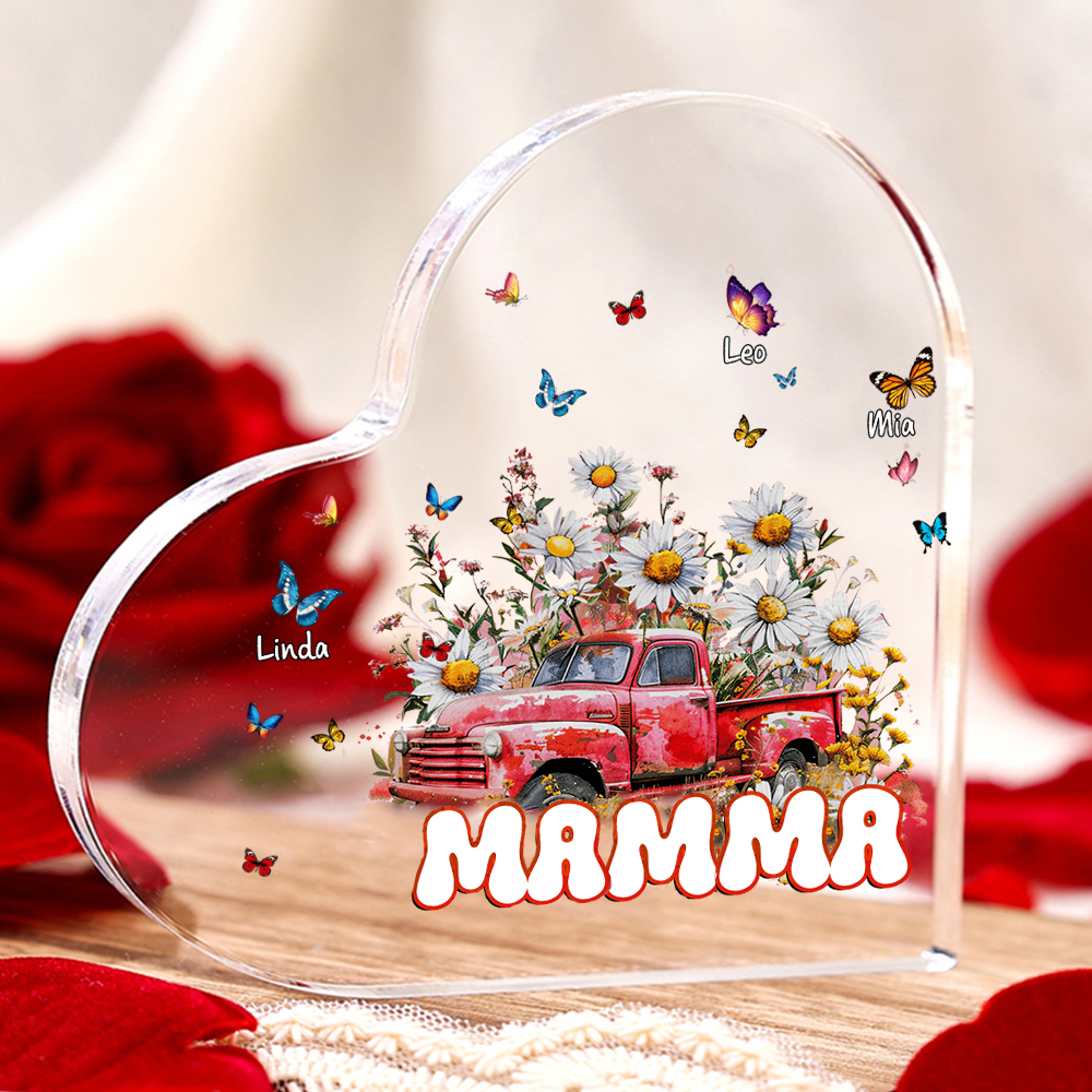 Test-Mamma-Decorazione acrilica con fiori e macchina 3 nomi e 1 testo personalizzati per mamma/nonna