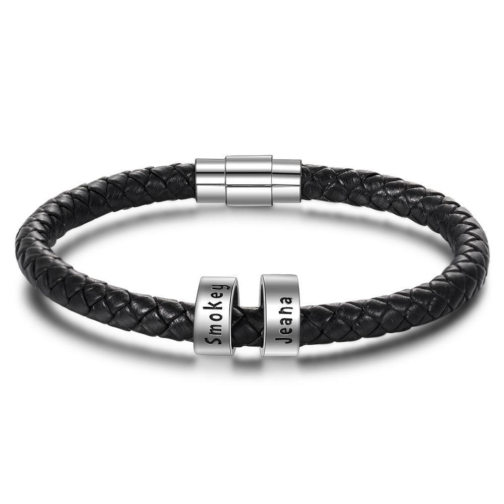 Braccialetto in pelle intrecciata Braccialetto maschile di nome personalizzato con 2 perline