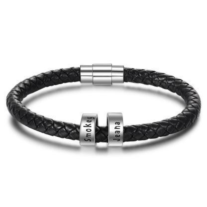 Braccialetto in pelle intrecciata Braccialetto maschile di nome personalizzato con 2 perline