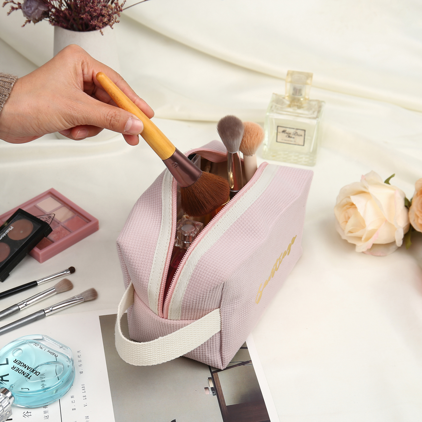 Borsa portabile per cosmetici in velluto a coste per donna 1 nome personalizzato regalo per donna