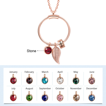 Collana con ciondolo foglia e cerchio 1 nome e 1 pietra di nascita personalizzati regalo per donna