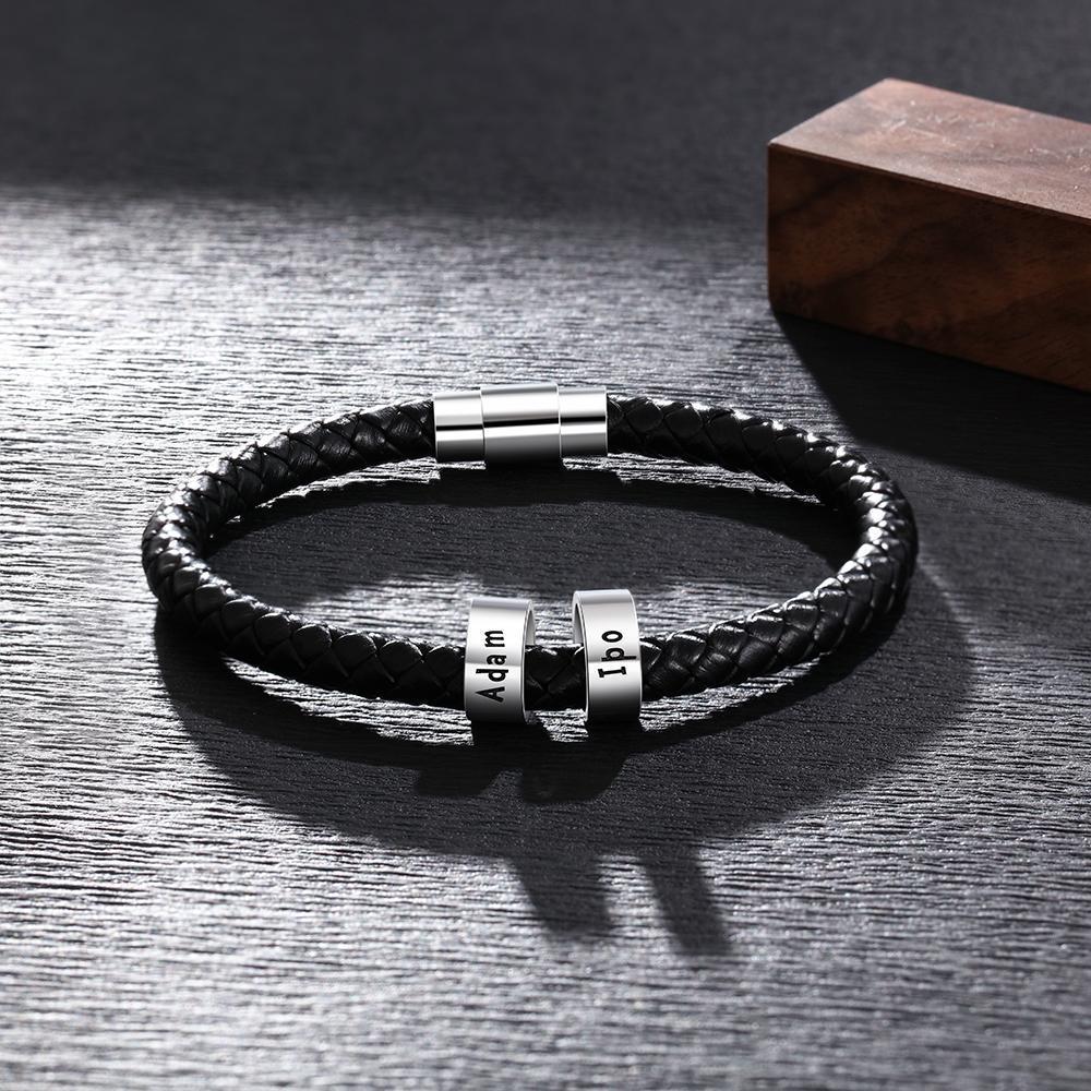 Braccialetto in pelle intrecciata Braccialetto maschile di nome personalizzato con 2 perline