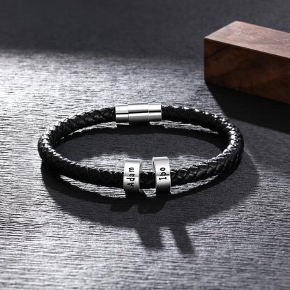 Braccialetto in pelle intrecciata Braccialetto maschile di nome personalizzato con 2 perline