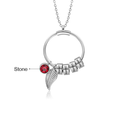 Collana con ciondolo foglia e cerchio 4 nomi e 4 pietre di nascita personalizzati regalo per donna