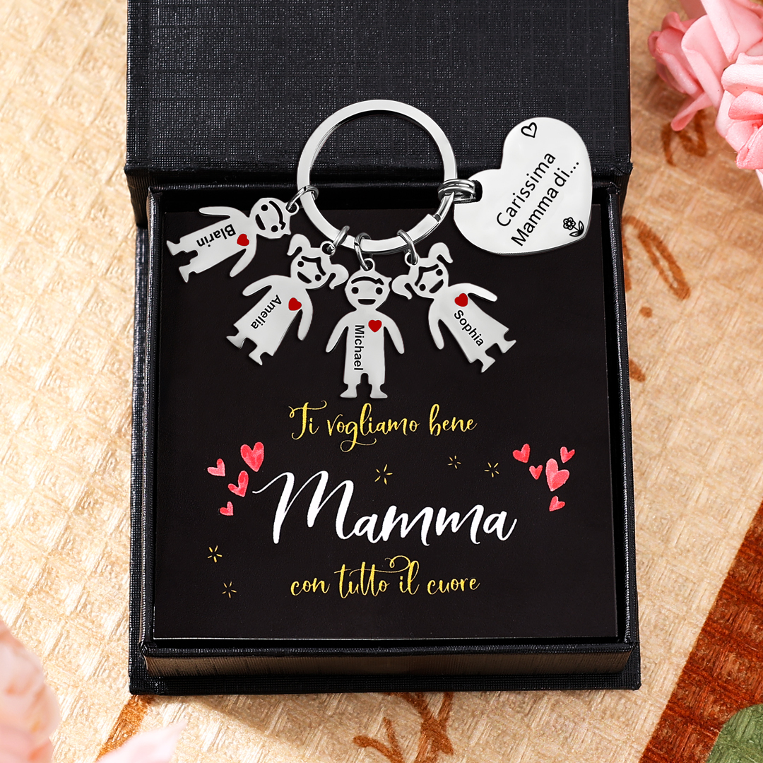 Festa della Mamma Carissima mamma di-Portachiavi a cuore con 4 ciondolo bambino 4 nomi personalizzato regalo per mamma