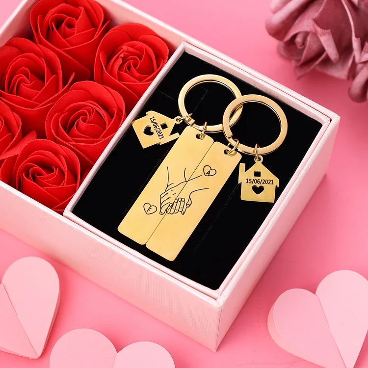 Portachiavi personalizzabile con 2 lettere e data dolce casa 🏠 scatola rosa regalo coppia